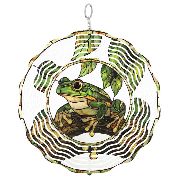 Frog Green Leaf Metal Wind Spinner, Colorful Garden Hanging Art