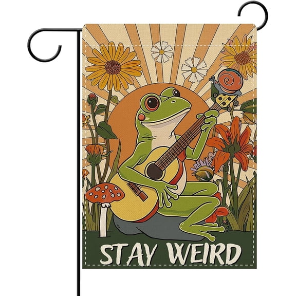 Frog Guitar Garden Flag, Vintage Floral Mushroom Sunshine Design, Double Sided Small Burlap Outdoor Yard Decor, 12 x 18 Inches