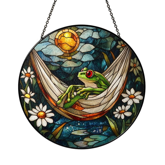 Frog Hammock Stained Glass Style Suncatcher, Relaxed Frog Window Hanging for Funny Garden and Nature Decor