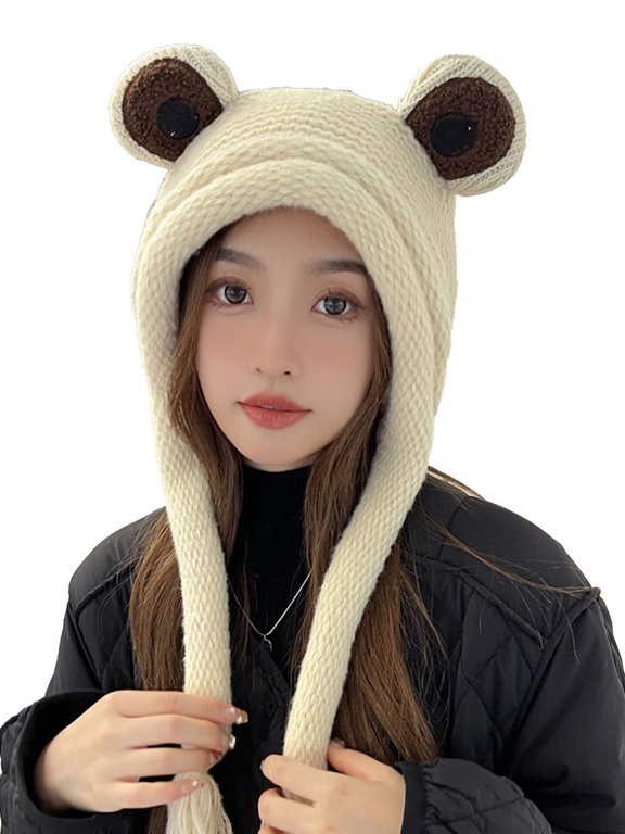 Frog Hats for Adults, Cute Crochet Knitted Beanie with Big Eyes, Winter Ear Warmer Outdoor Autumn Cap