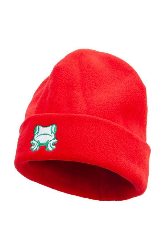 Frog Head Icon Embroidered Big Size Reversible Micro Fleece Cap - Red XL-3XL