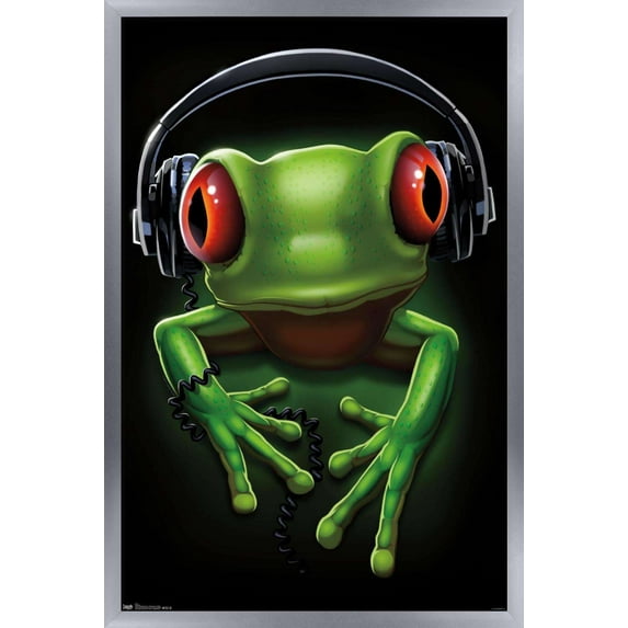 Frog - Headphones Wall Poster, 14.725" x 22.375", Framed