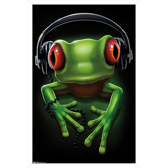 Frog - Headphones Wall Poster, 14.725" x 22.375", Framed