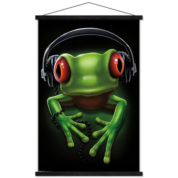 Frog - Headphones Wall Poster with Wooden Magnetic Frame, 22.375" x 34"