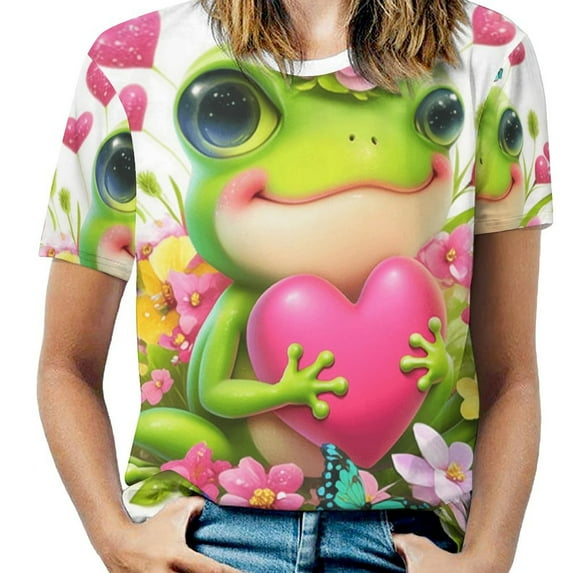 Frog Heart Flowers Spring Women's Short Sleeve Tops Casual Blouses T Shirt