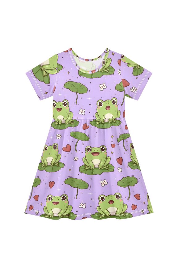 Frog Heart Pattern Girls Short Sleeve Dress A Line Sun Protection Breathable Comfort Sundress 3T