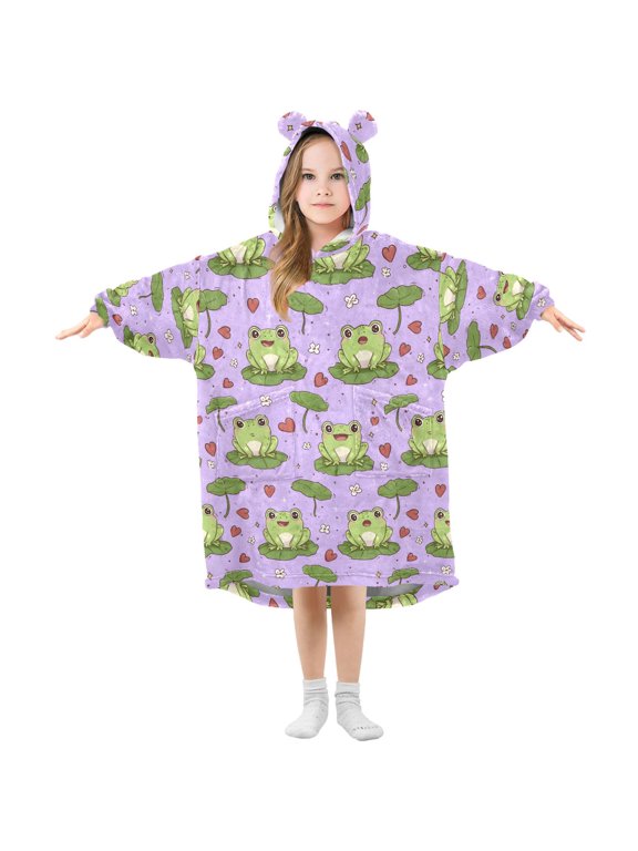 Frog Heart Pattern Wearable Blanket Hoodie Oversized Flannel Soft Warm Cozy 3-14 Age Small