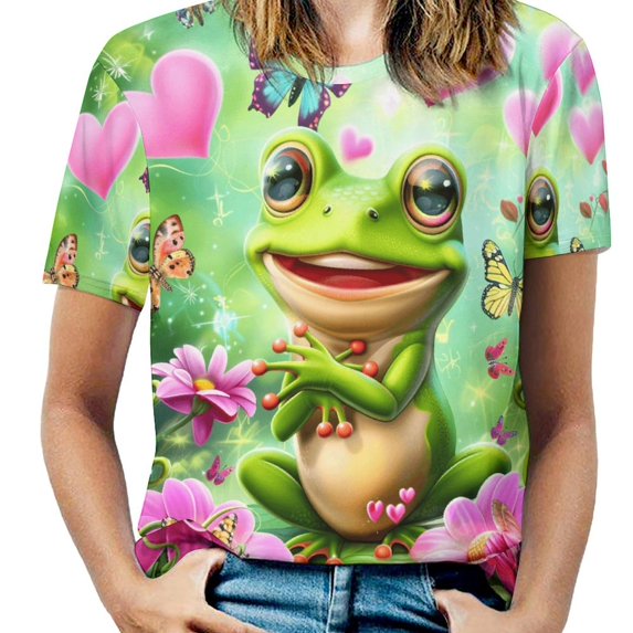 Frog Hearts Butterflies Flowers Women's Short Sleeve T-Shirt Crew Neck Casual Summer Trendy Loose Fit Tops