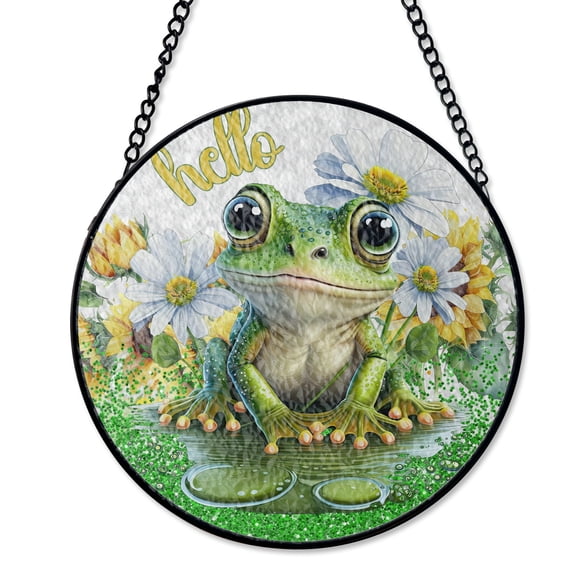 Frog Hello Green And Black Floral Suncatcher Stained Glass Style UV Printed Glass Summer Swamp Nature Decor Round