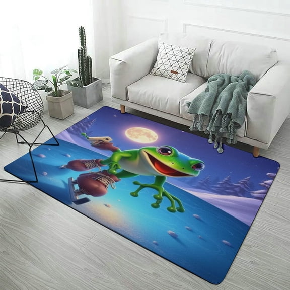 Frog Ice Skating Moonlight Forest Carpet Rug for Home Living Room Bedroom Sofa Doormat Decor Area Rug Non-slip Mat