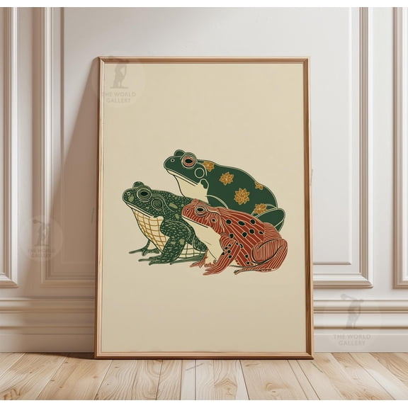 Frog Illustration Poster Green Brown Toad Artwork Print Folk Nature Animal Wall Art