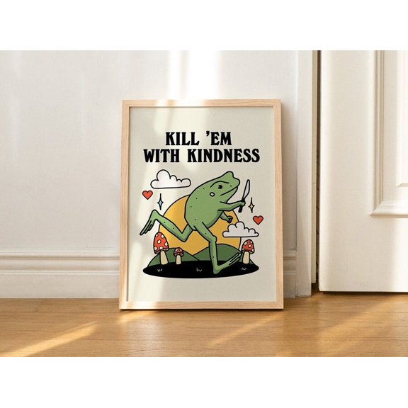 Frog Illustration Retro Kindness Quote Retro Wall Decor Art Print, Unframed Canvas Size 8x12