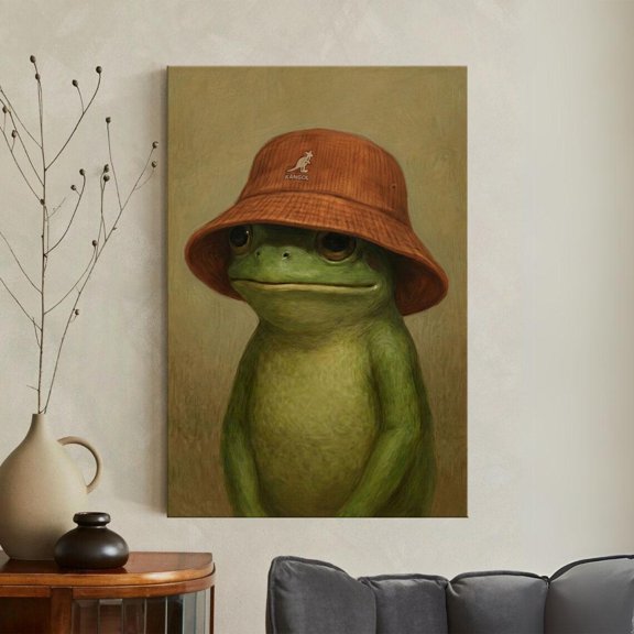 Frog In Bucket Hat Print Cute Toad Portrait Trendy Teen Room Sage Green Decor, Unframed Canvas 12x16in