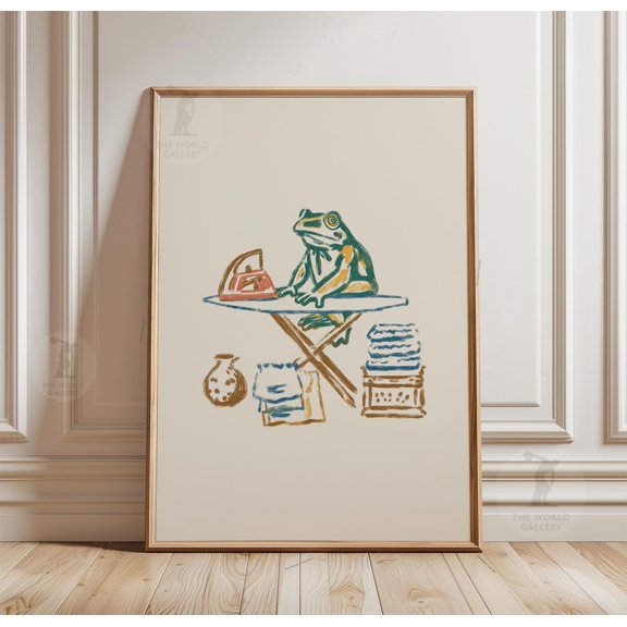 Frog Ironing Poster, Laundry, Japanese Style Minimal Art, Poster Only