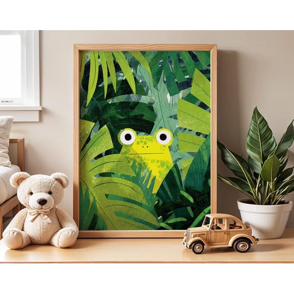 Frog Jungle Green Botanical Whimsical Animal Wall Art Print, Unframed Paper Poster 8x10in
