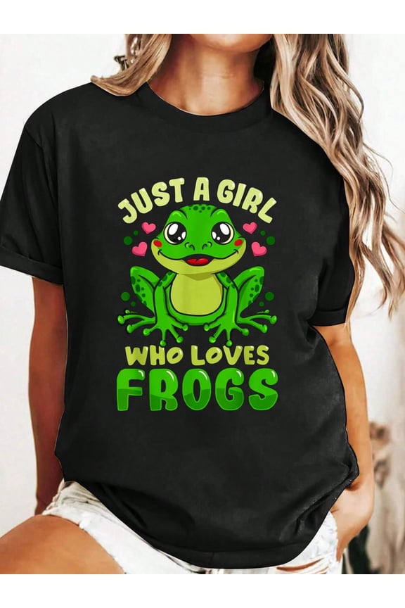 Frog Just A Girl Who Loves Frogs Funny Frog Lover Gift T-Shirt Casual Printed Cotton Women T-Shirt, Summer Short Sleeve Graphic Tee Women Tops