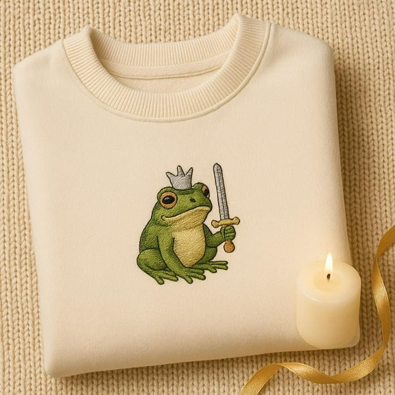 Frog King With Sword Embroidered Sweatshirt, Prince Frog Warrior Hoodie, Fantasy Royal Toad Gift, Embroidered Tee
