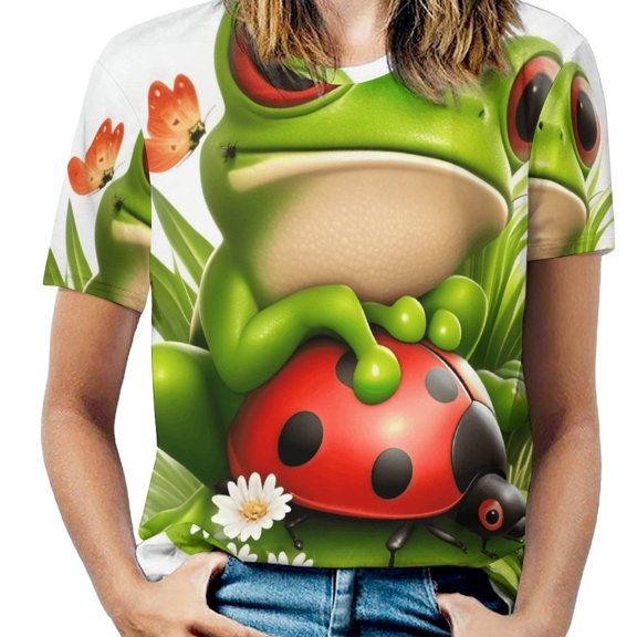 Frog Ladybug Garden Women's Short Sleeve T-Shirt Crew Neck Casual Summer Trendy Loose Fit Tops