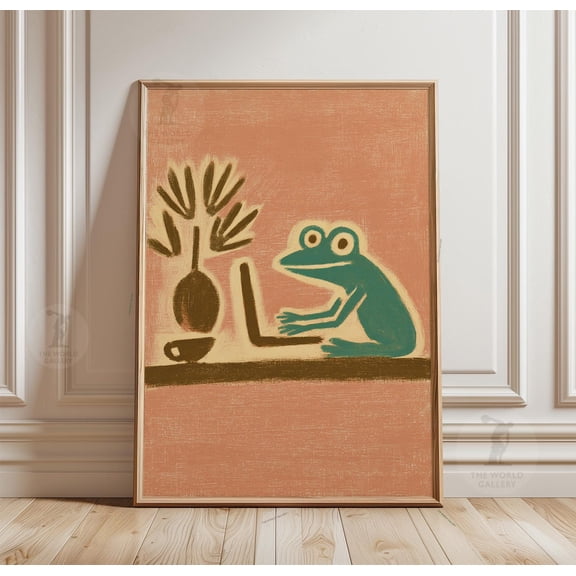 Frog Laptop Poster Minimal Desk Scene Naive Style Art 1