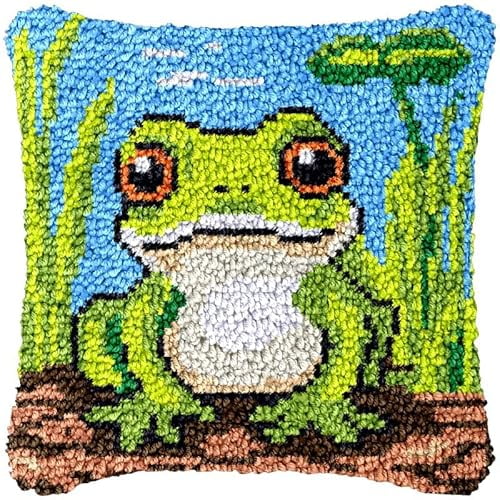 Frog Latch Hook Kits Pillowcase DIY Rug Making Crochet Hook Cushion Making Kits with Preprinted Pattern Canvas Christmas DIY Needlework Crochet Kits Decor 43x43cm(d3)