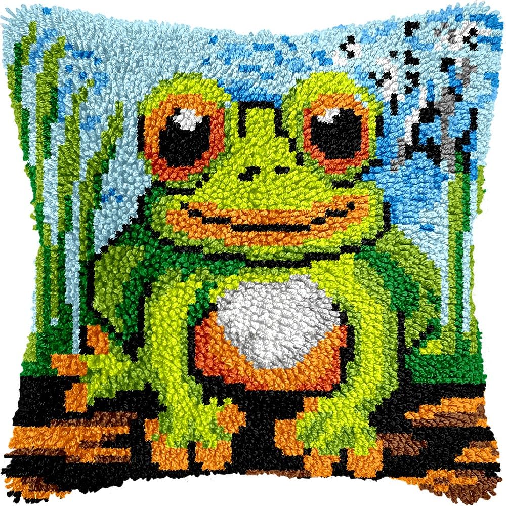 Frog Latch Hook Pillow Kits for DIY Throw Pillow Cushion Embroidery Latch Hooking Pillowcase Kits with Preprinted Canvas Crochet Yarn Kits for Home Decor 17''X 17''(d147)