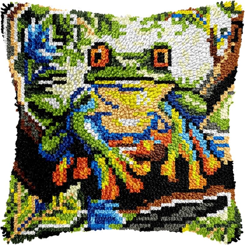 Frog Latch Hook Pillow Kits Pillow Cover Pattern Printed Canvas Crochet Cross Stich Hooking Pillowcase Cushion Crafts Embroidery Latch Hooking Crochet Kits Set 17x17 inch(107)