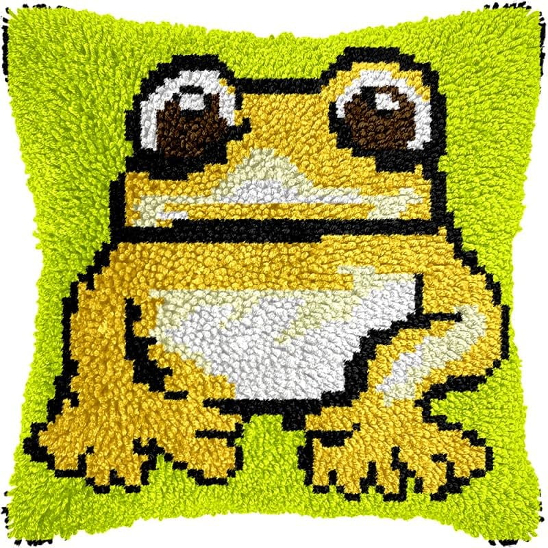Frog Latch Hook Pillow Kits Pillow Cover with Pattern Printed Canvas Sofa Hooking Pillowcase Cushion Crafts Embroidery Latch Hooking Crochet Starter Kits 17x17 inch(1)