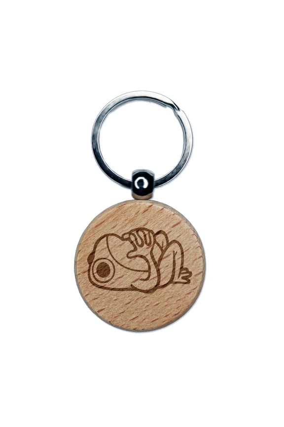 Frog Laying On Back Contemplating Thinking Considering Engraved Wood Round Keychain Tag Charm