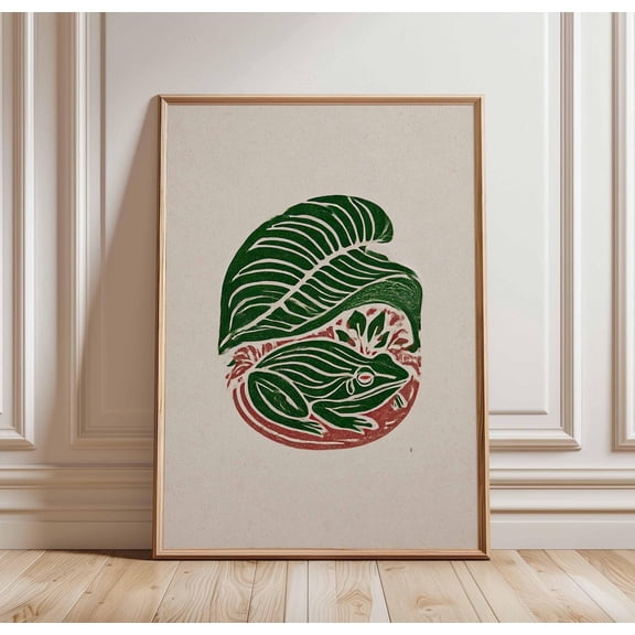 Frog Leaf Linocut Botanical Animal Earthy Minimalist Illustration Unframed Paper Print
