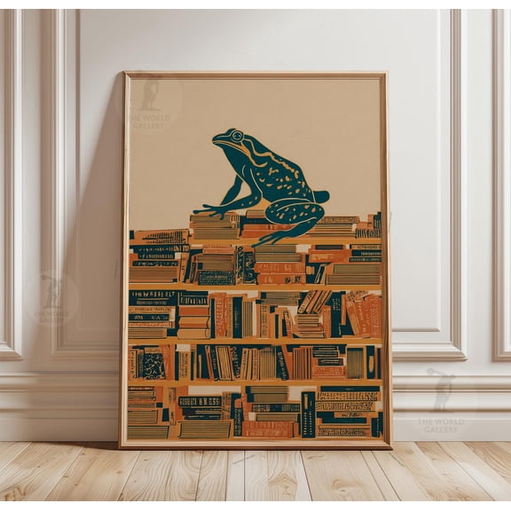 Frog Library Poster Minimal Book Art Animal Illustration