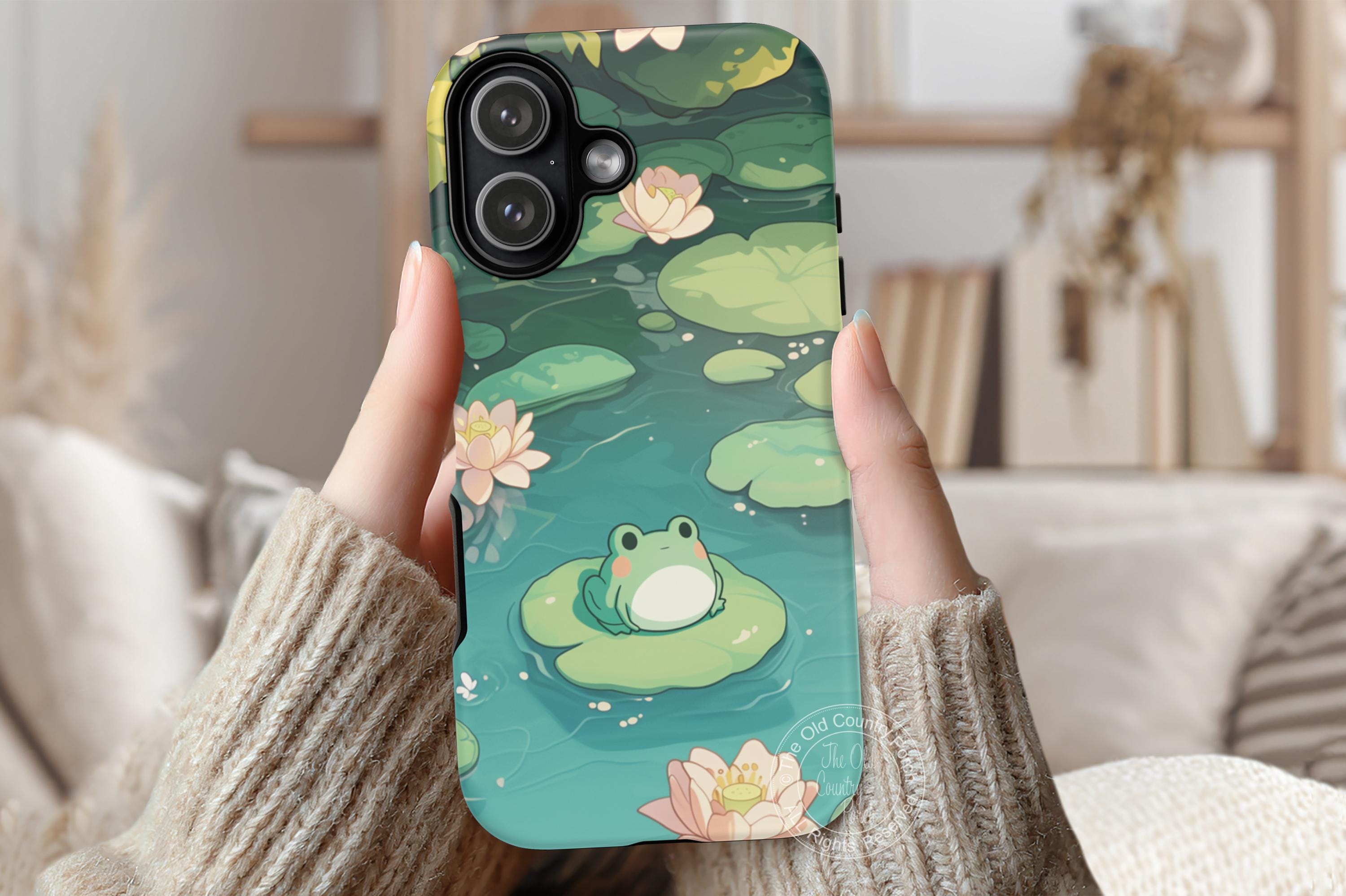 Frog Lily Glow Phone Case Kawaii Lofi Nature Scene for iPhone 17 to 11 ...