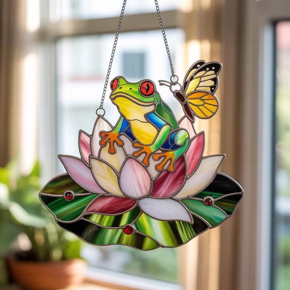 Frog Lotus Flower Acrylic Suncatcher Colorful Butterfly Window Hanging Home Garden Decor