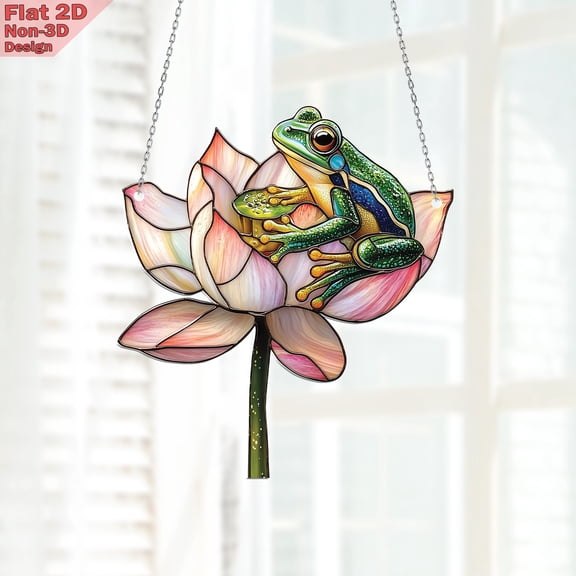 Frog on Lotus Flower Window Hanging Acrylic Decor, Flat 2D Sun Catcher Ornament, Frog Lover Gift, Cute Frog Floral Decoration for Home Window, Nature Garden Room Aesthetic Decor