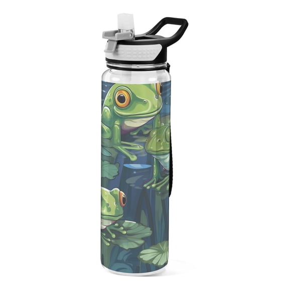 Frog Lotus Leaves Sports Water Bottle Portable Travel Mug 32oz BPA Free Leak Proof Straw Transparent Tritan for Gym Yoga Cycling Camping