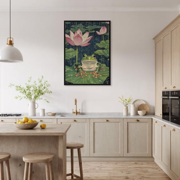Frog Lotus Pond Wall Art, Whimsical Zen Nature Decor, Stretched Canvas Size 8x12