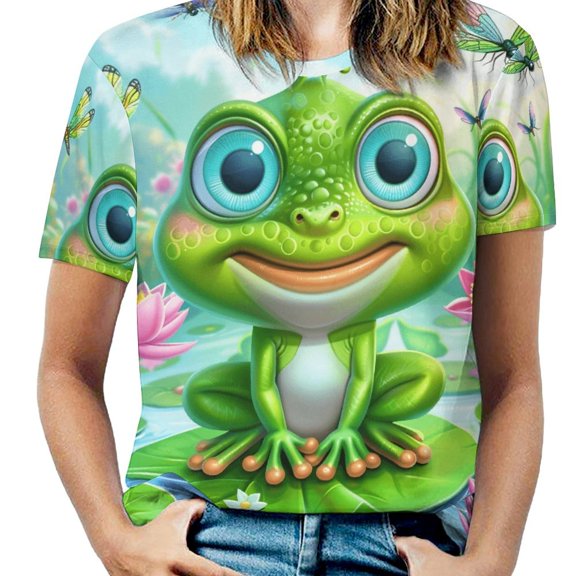 Frog Lotus Pond Womens Tops Women's Fashion Casual Short Sleeve Flower Print Round Neck Pullover Top Blouse