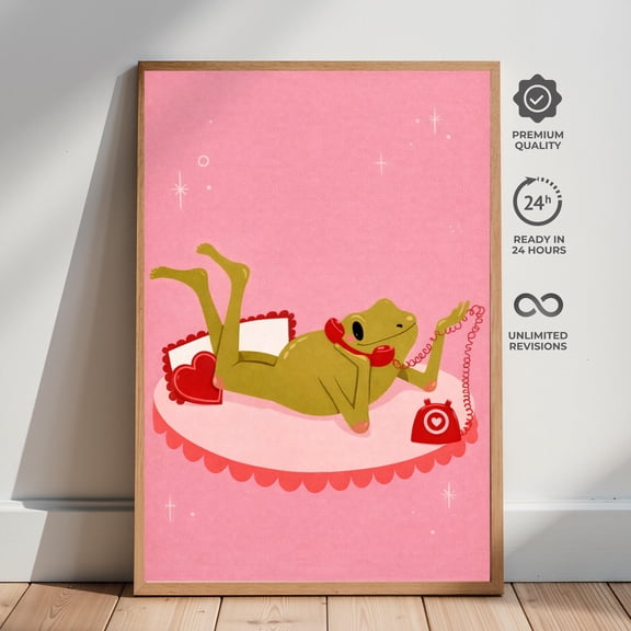Frog Love Poster, Pink Wall Art, Romantic Frog Print, Girly Room Decor , Poster Print Only
