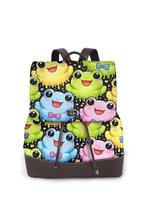 Frog Lovers Women's Leather Backpack All-Over Print Bag for Work and Travel