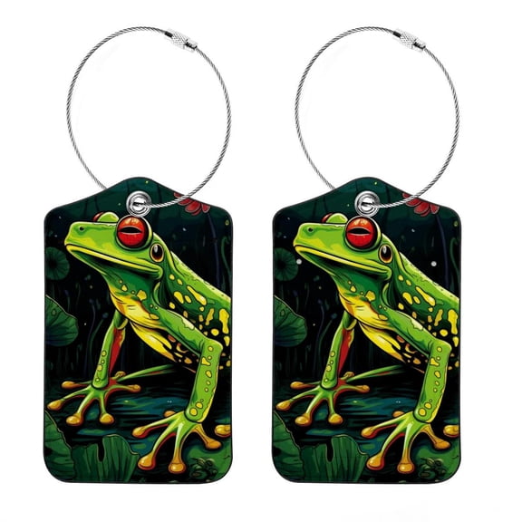 Frog Luggage Tag, Travel Tags, Handbag Tag - Square PU Leather 2 Pack with Privacy Cover and Stainless Steel Ring - Suitable for Travel, Backpack, Handbag [Amazon Approved]
