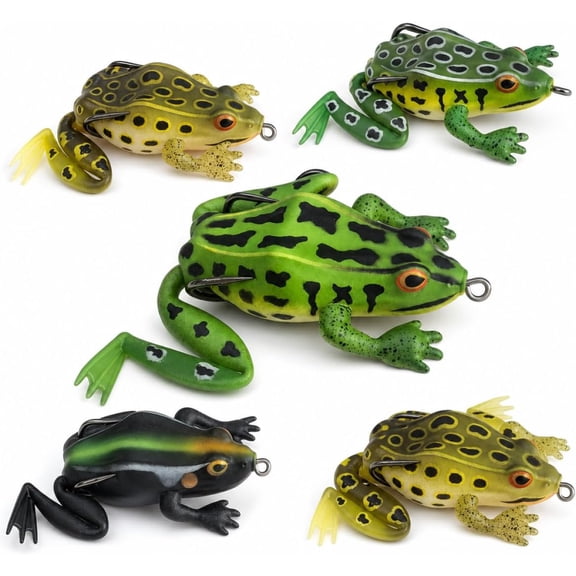Frog Lures for Bass Fishing, 5 Pack Topwater Hollow Body Weedless Frog Baits, 5 Colors with Lifelike Action and Double Hooks