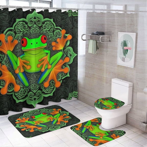 Frog Mandala Art Print Shower Curtain Bathroom Sets Toilet Lid Rug, Bath Mat And Contour Mat, Shower Curtain 4Pcs