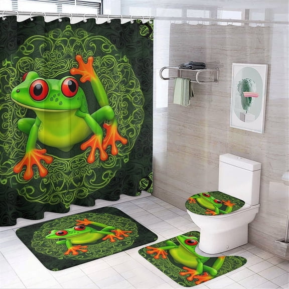 Frog Mandala Art Print Shower Curtain Bathroom Sets Toilet Lid Rug, Bath Mat And Contour Mat, Shower Curtain 4Pcs