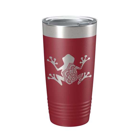 Frog Mandala Tumbler Travel Mug Insulated Laser Engraved Coffee Cup Frog Zentangle Pattern Design Gift 20 oz Maroon