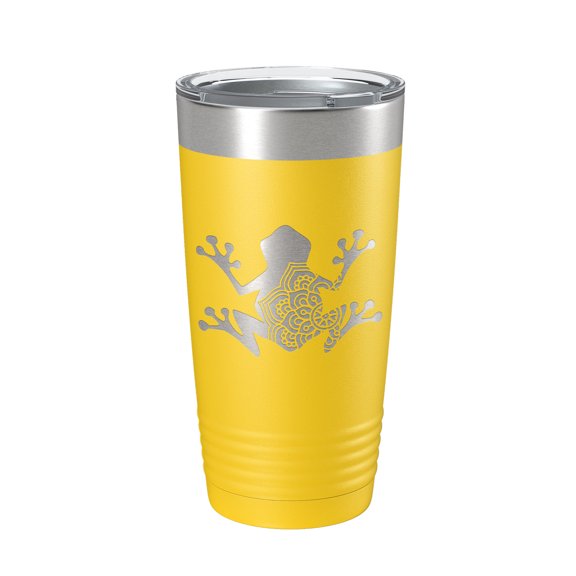 Frog Mandala Tumbler Travel Mug Insulated Laser Engraved Coffee Cup Frog Zentangle Pattern Design Gift 20 oz Yellow