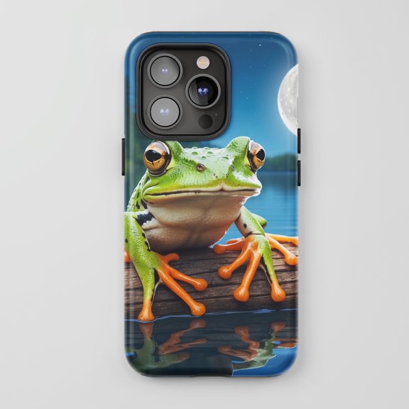 Frog Moon For All iPhone Series Protective Phone Case Nature Wildlife Night Sky Green Blue