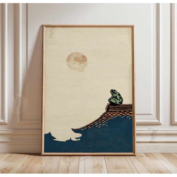 Frog Moon Poster Night Rooftop Scene Minimalist Japanese Style Art, Unframed Poster