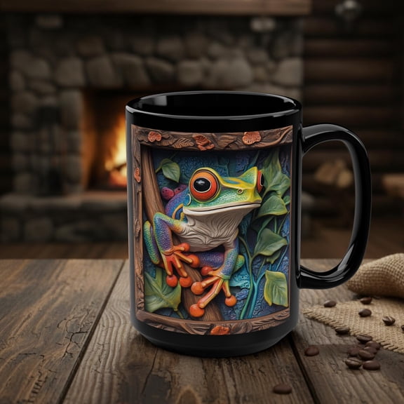 Frog Mug, Rustic Wood Effect Tree Frog Coffee Cup, Animal Nature Wildlife Exotic Jungle Amphibian Lover Gift, Tropical Rainforest Decor 15oz