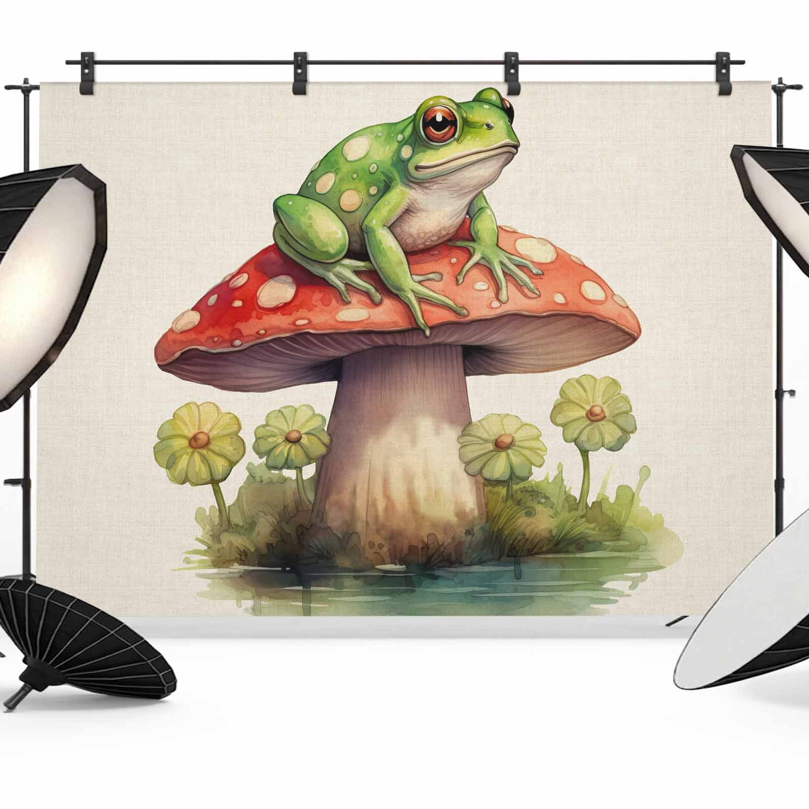 Frog Mushroom Backdrop for Photography, Watercolor Plant Leaves Linen ...