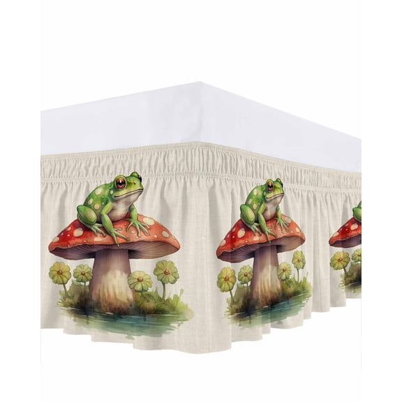 Frog Mushroom Bed Skirt Queen Size 16" Drop Watercolor Plant Leaves Linen Ruffled Wrap Around Bed Skirts Adjustable Elastic Bedskirt Dust Ruffle for Queen Size Bed