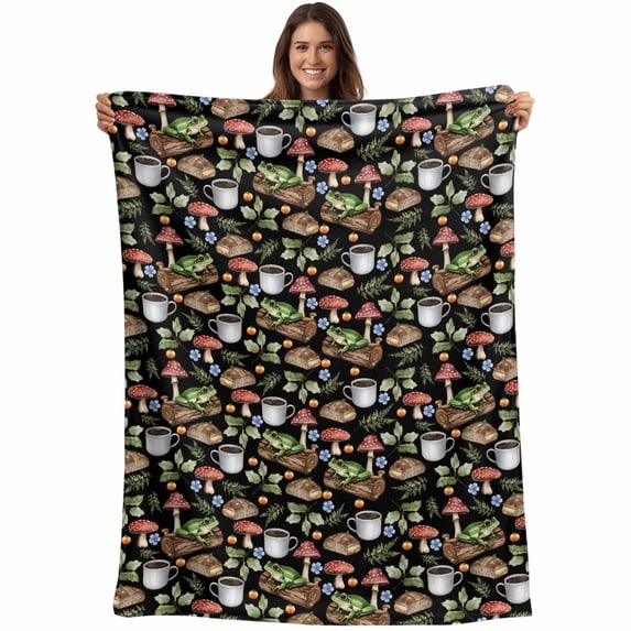 Frog Mushroom Blanket Soft Cozy Warm Throw Blanket for Couch, Plush Fuzzy Flannel Fleece Blankets for Sofa, Red Brown Coffee Plant Black Idyllic Bed Blankets Lightweight Gifts for Women, 40"x50"